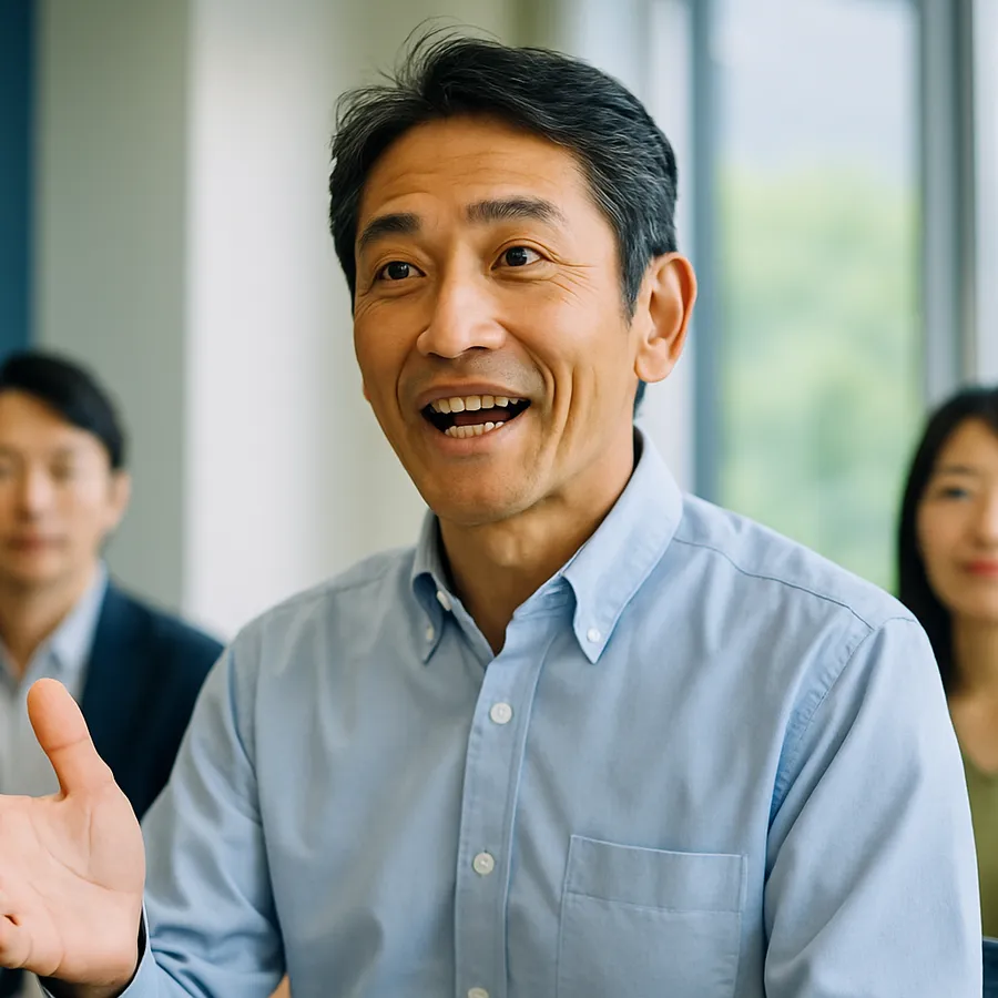 会議で自信をもって自分の言葉で意見を述べる40代の管理職