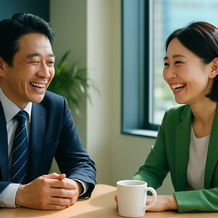 1on1で本音を話し合い、笑顔で向き合う上司と部下
