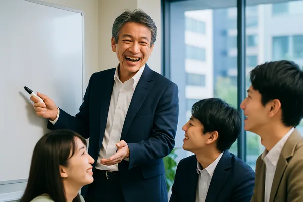 自分の役割を見つけ、生き生きと語るビジネスパーソンと聞き入る仲間