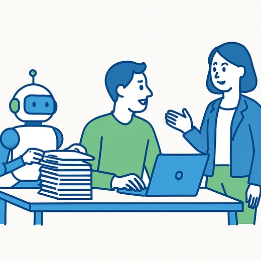 AIが事務作業を担い、人は対話に向き合っているイラスト