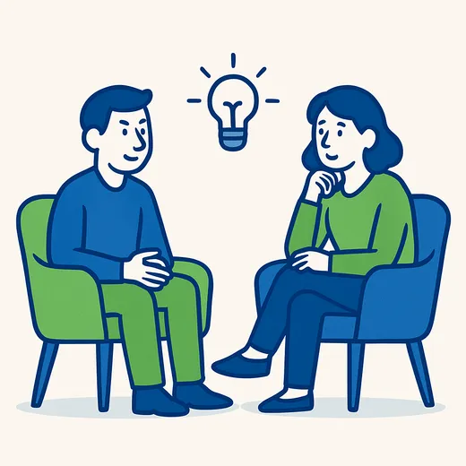 向き合って座り、キャリアについて対話するコーチとクライアントのイラスト
