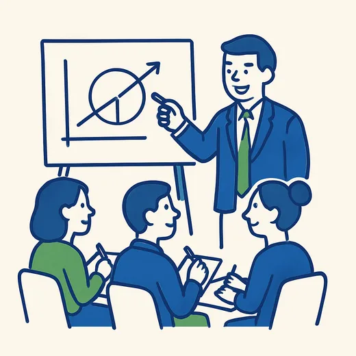 ホワイトボードの前で受講者に語りかける企業研修の講師のイラスト